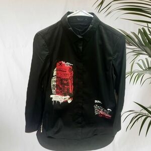 MOHITO Collection Women’s Trendy Black Shirt with Red and White Graphics
